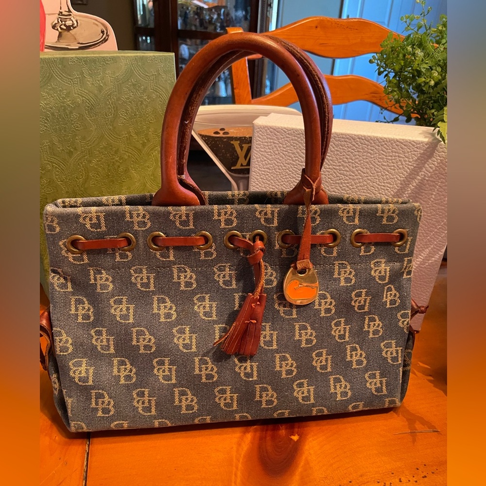 Dooney & Bourke Blue and Brown Satchel Meddallion tassel bag denim - Picture 1 of 5
